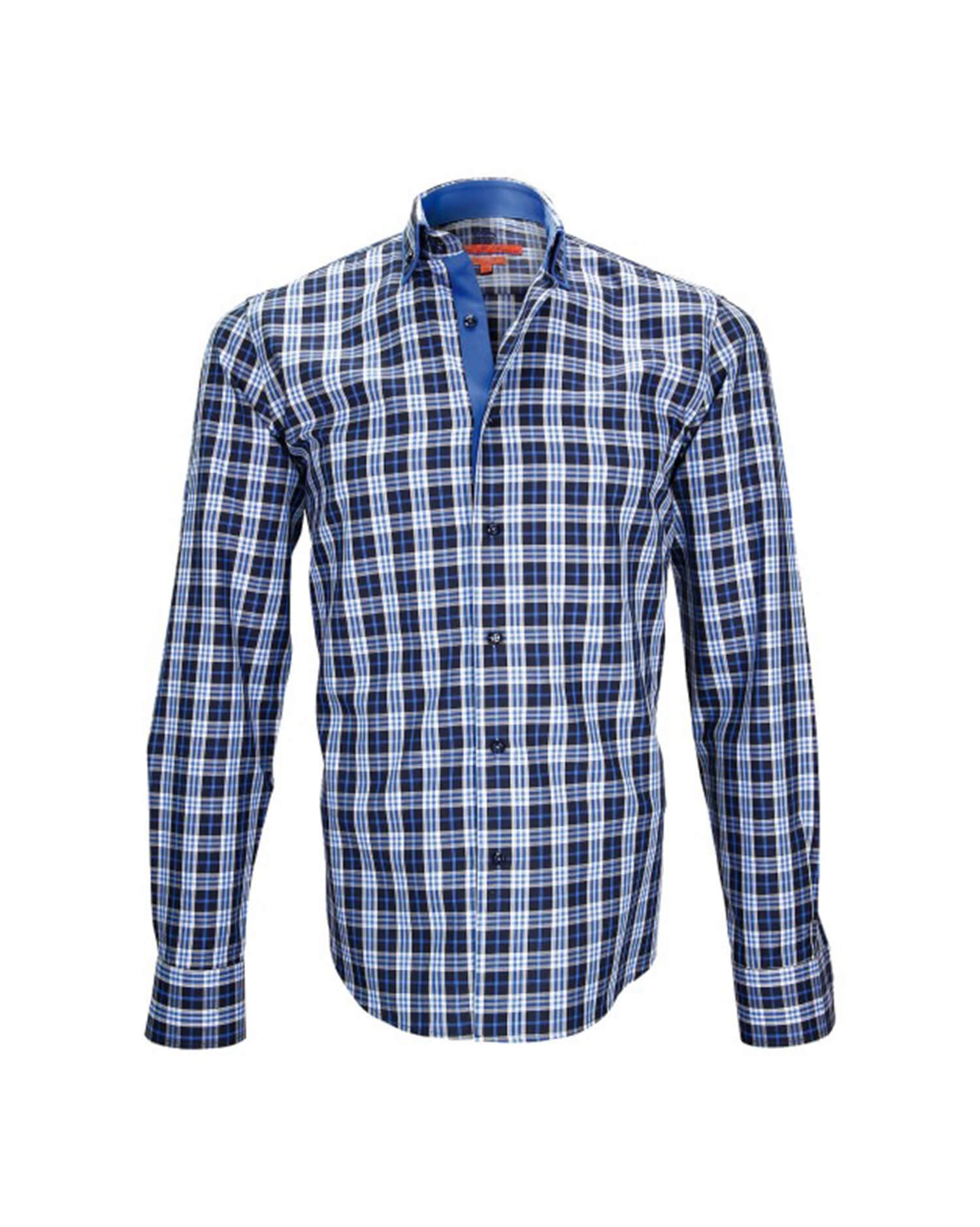 Men's Long Sleeve Blue Plaid Shirt - with Contrast Trim