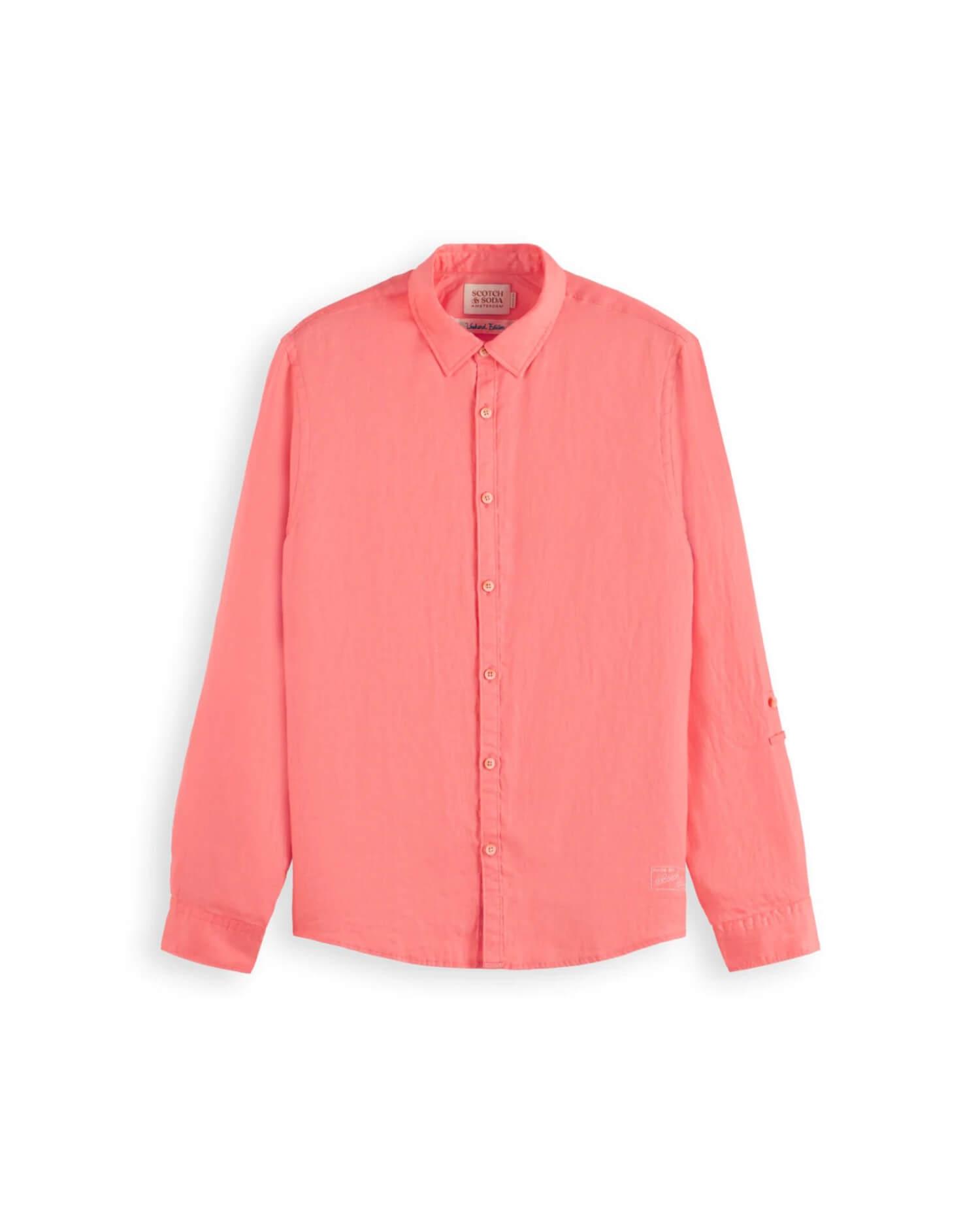 Men's Coral Pink Casual Button-Down Shirtt - Long Sleeve with Roll-Up Tabs