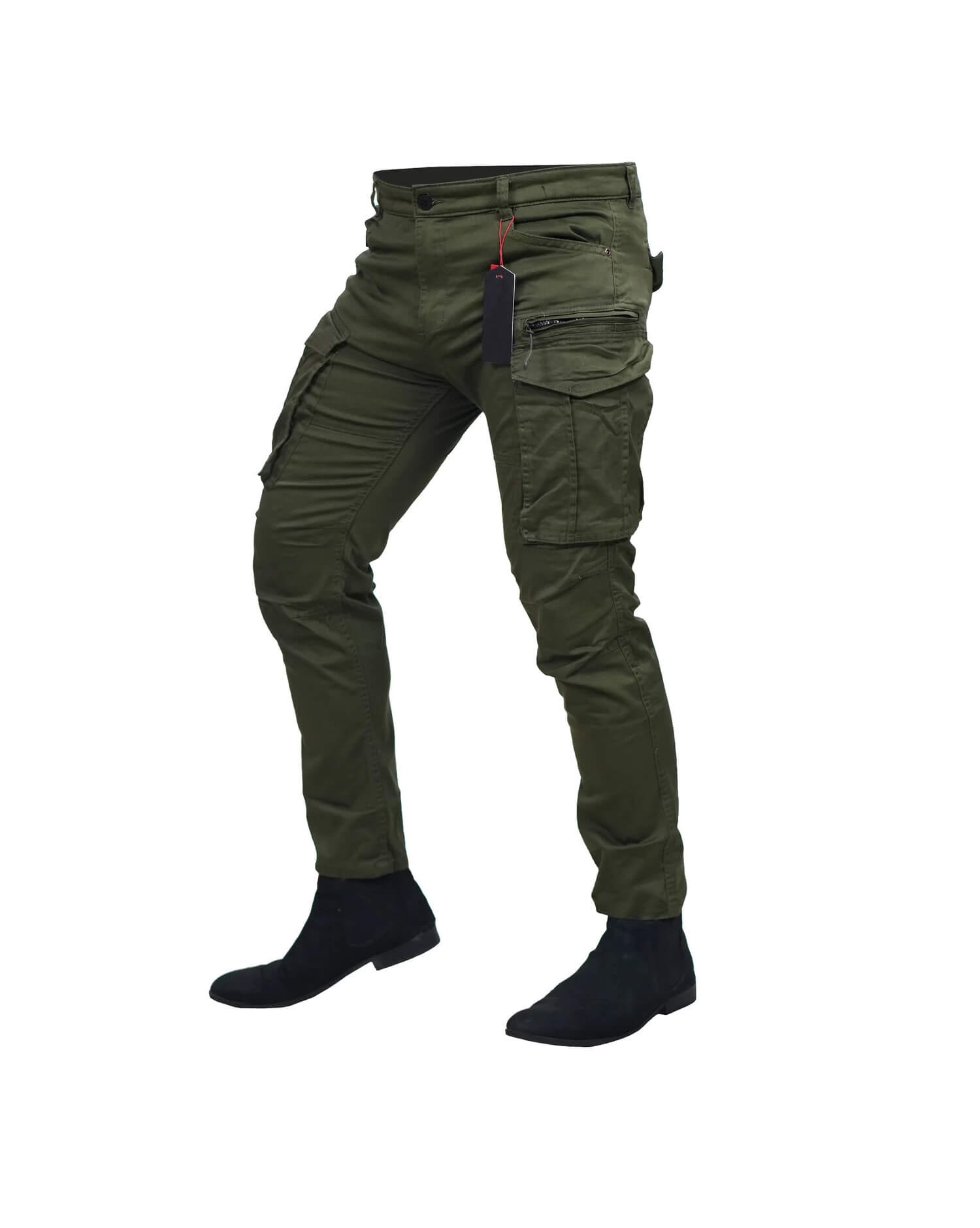 Men's Olive Green Slim Fit Cargo Pants - Multi-Pocket Utility Trousers