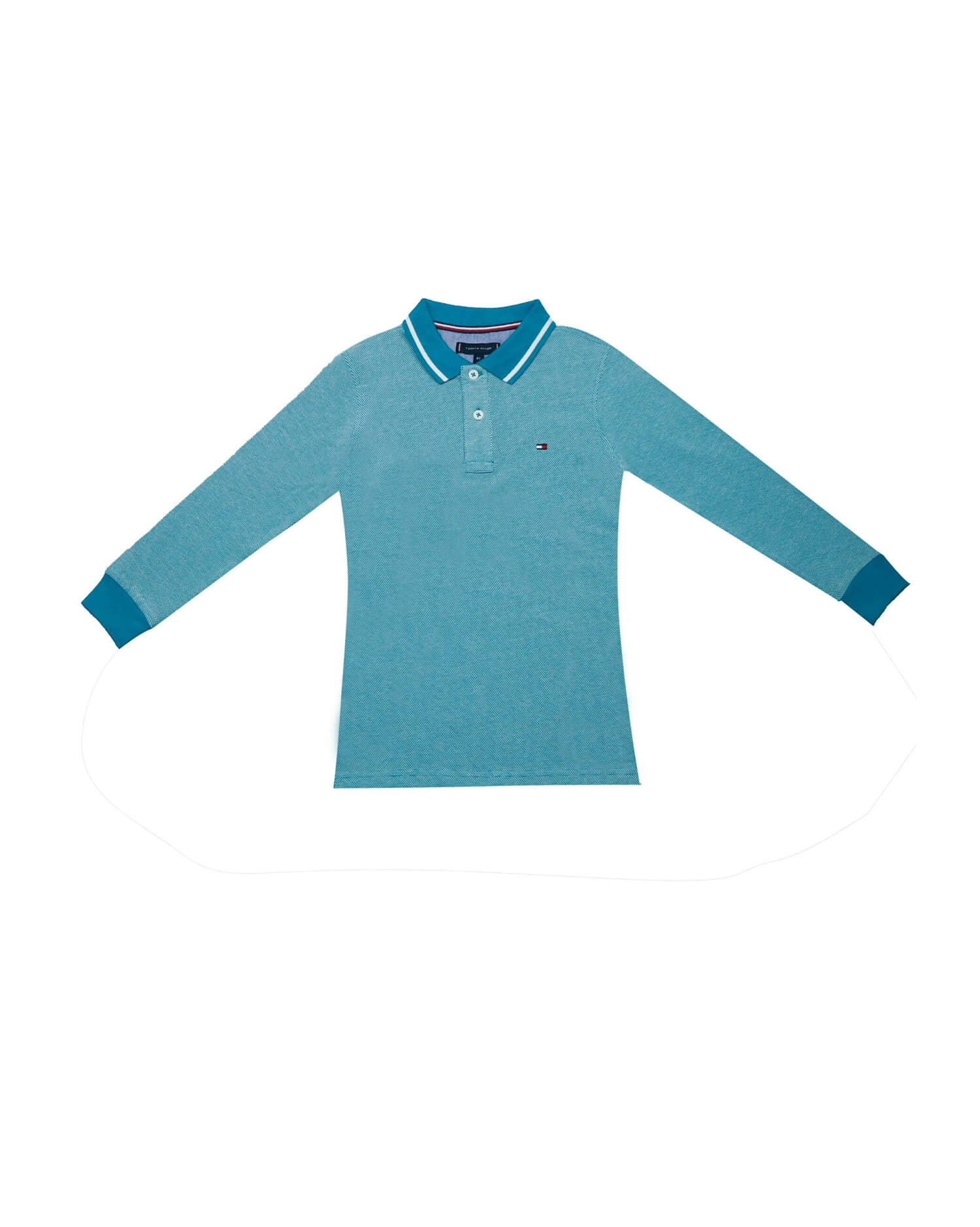 Men’s Long Sleeve Heather Teal Polo Shirt with Striped Collar – Cotton Pique Knit