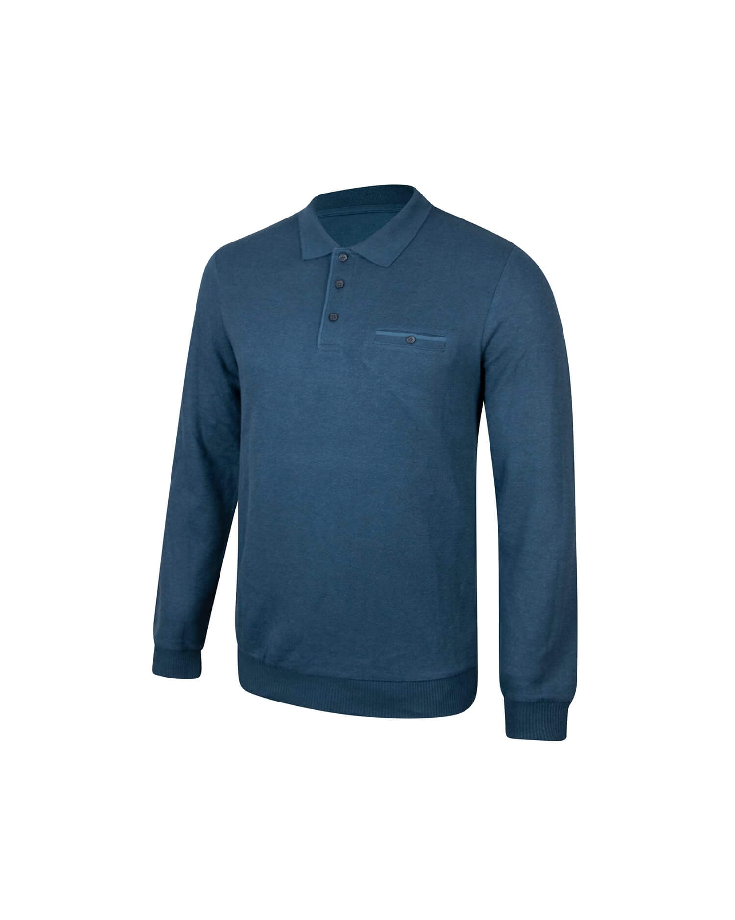 Men’s Dark Teal Long Sleeve Knit Polo Shirt with Chest Flap Pocket – Fine-Gauge Knitwear