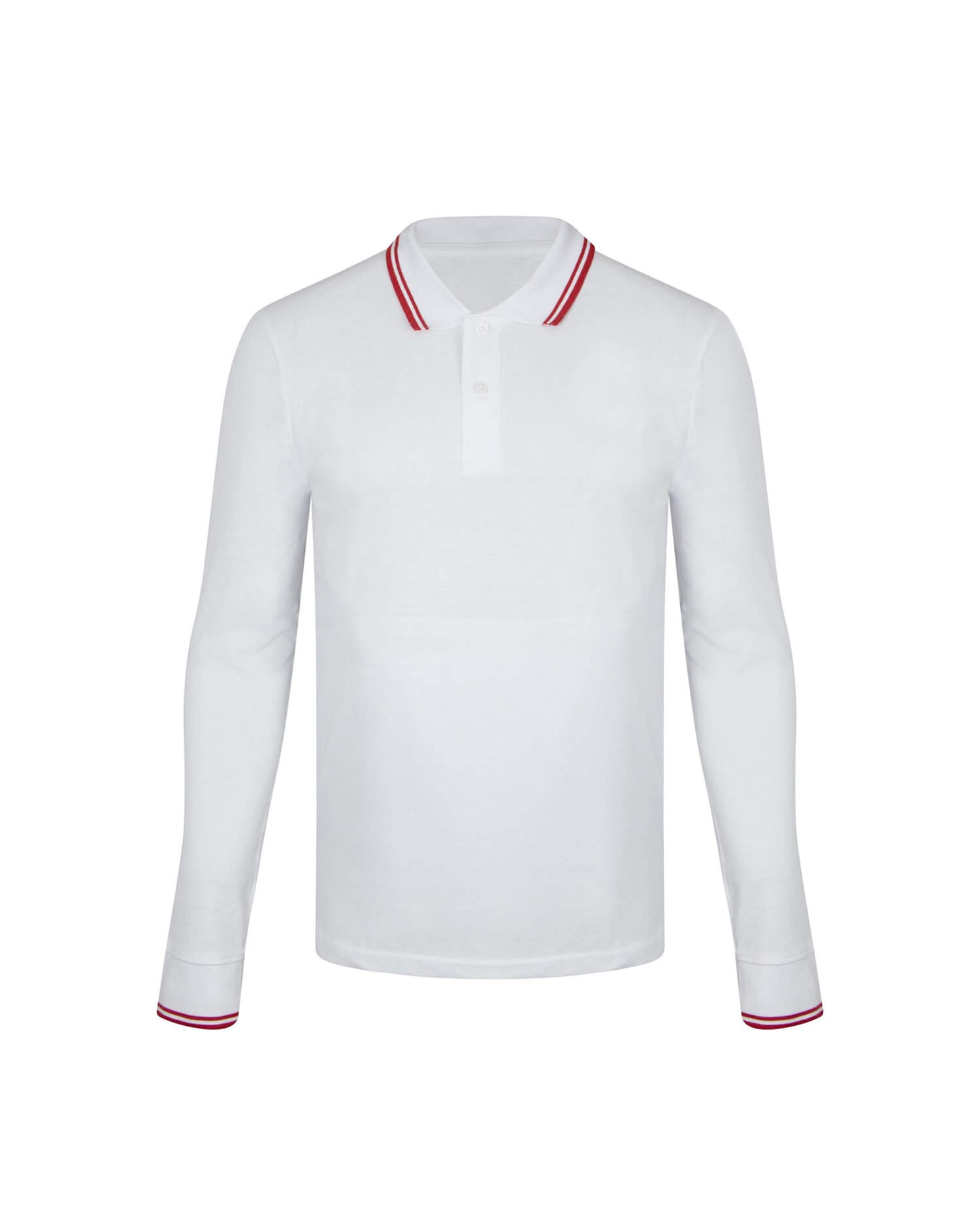 Men's White Long Sleeve Polo Shirt - Red & White Striped Trim