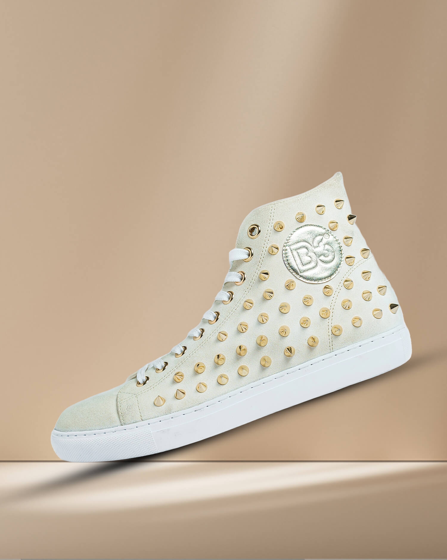 Women's White Studded High-Top Sneakers - Edgy Glam Fashion Statement