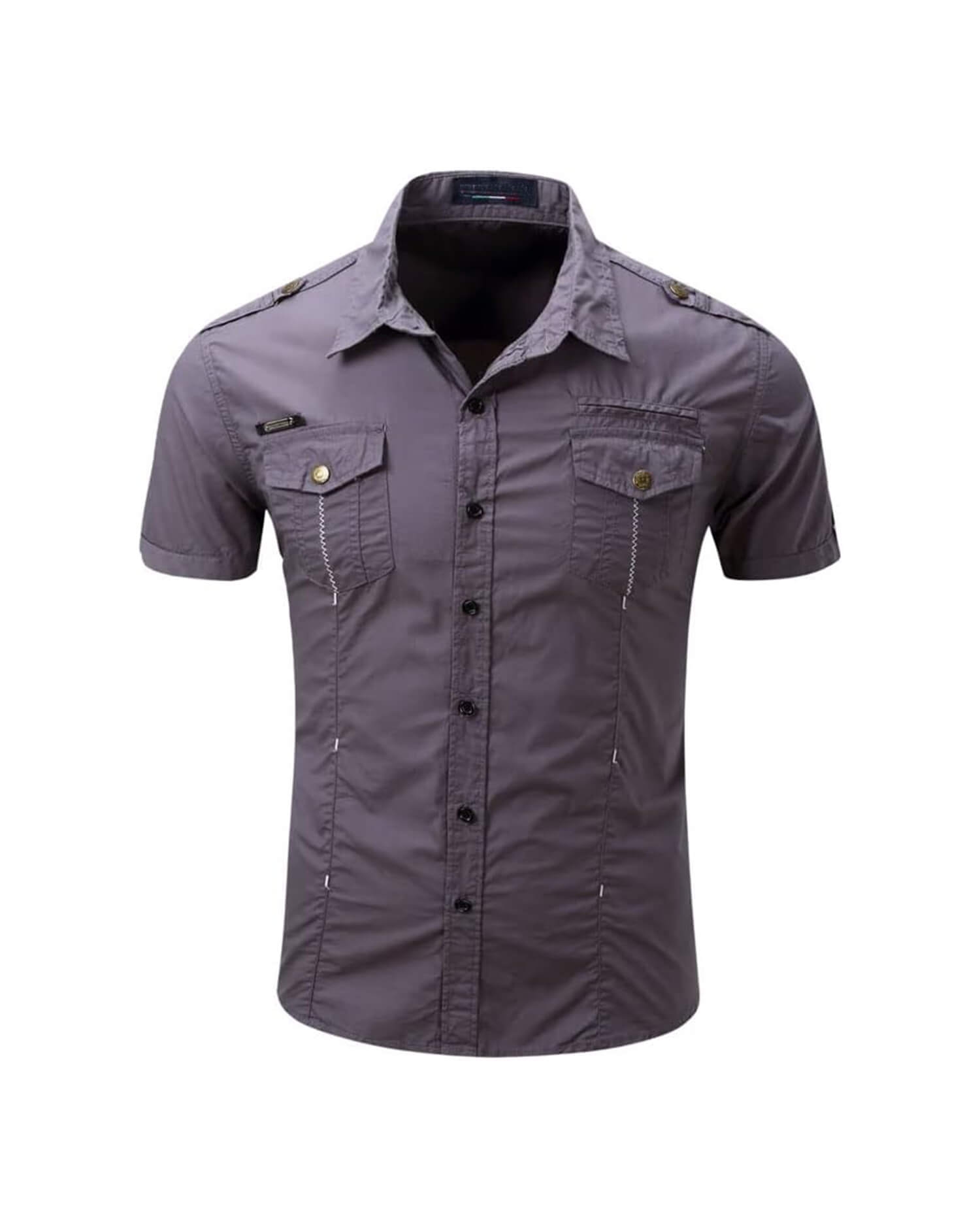Men's Grey Military Style Short Sleeve Shirt - Utility Pockets