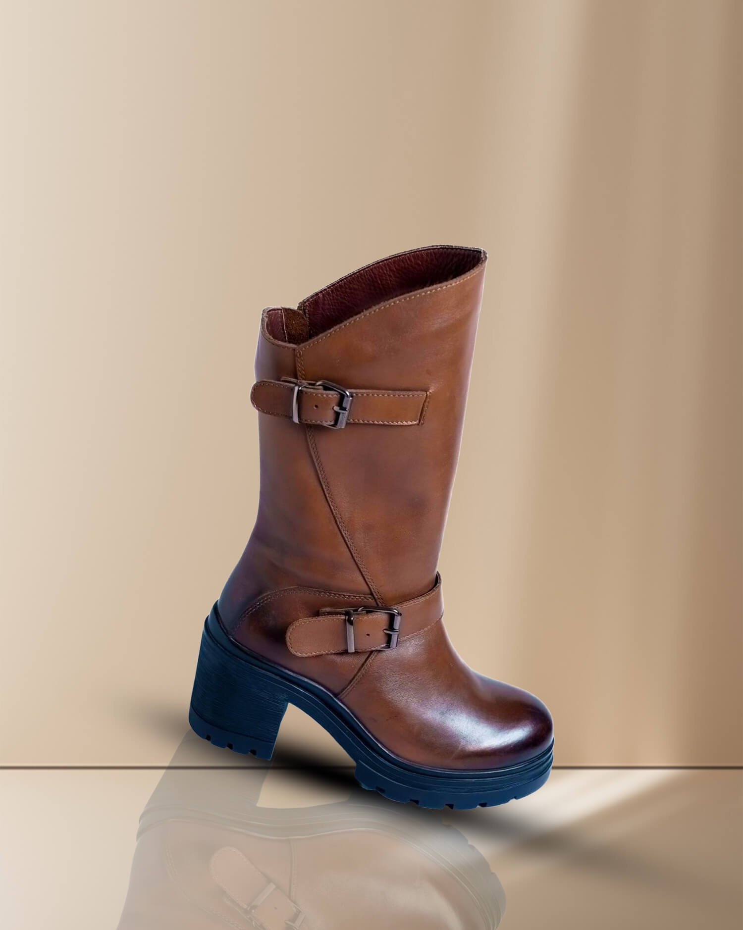 Women's Brown Leather Mid-Calf Biker Boots with Buckles- premium quality with timeless style