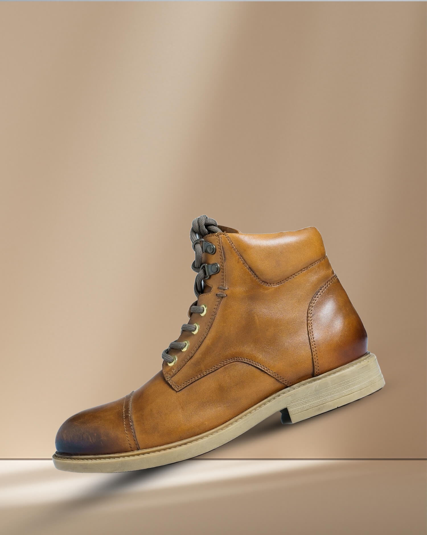 Men's Tan Leather Cap-Toe Combat Boot - Rugged Style