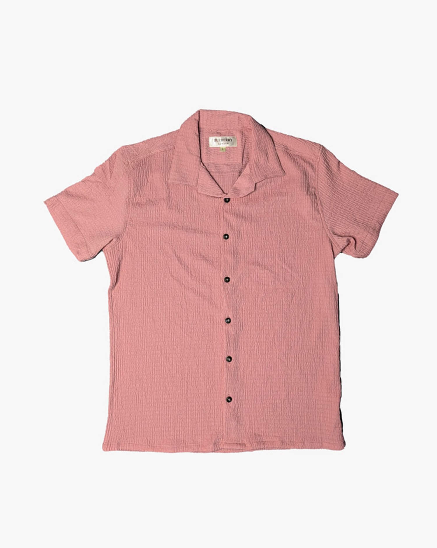 Men's Pink Textured Camp Collar Shirt - Short Sleeve With Casual Button Down