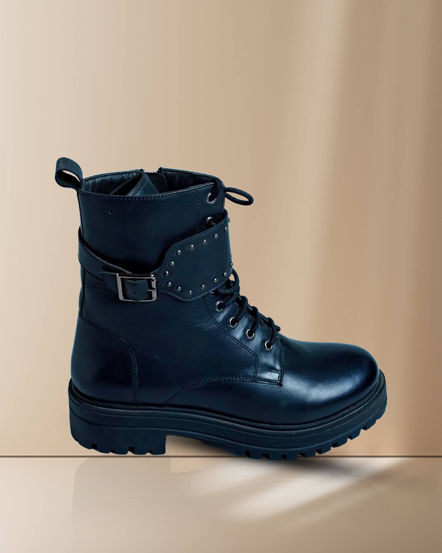 Women's Studded Black Lace-Up Combat Ankle Boots