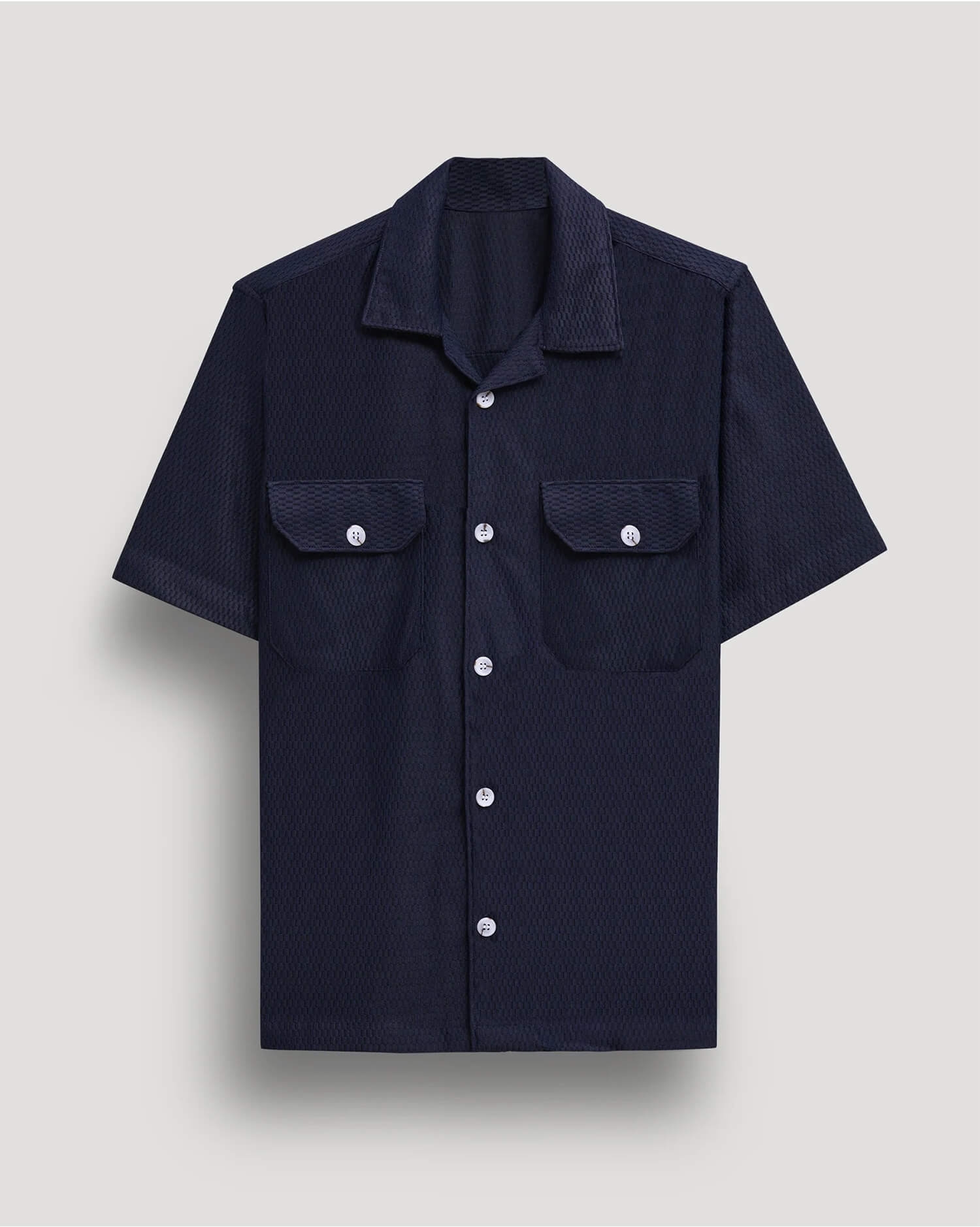 Men's Black Camp Collar Shirt - Short Sleeve with Dual Pockets
