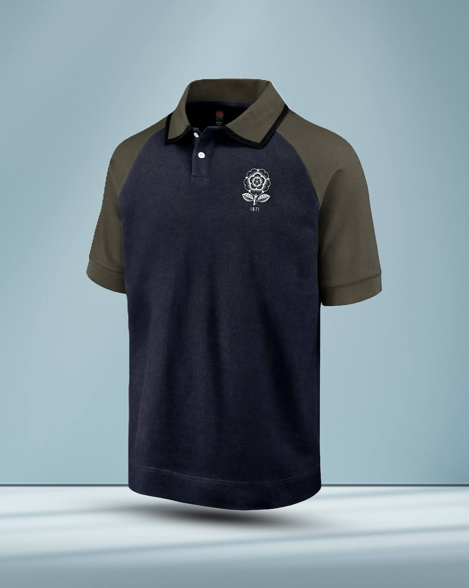 Men's Raglan Sleeve Polo Shirt - Two-Tone Navy & Olive with Heritage Rose