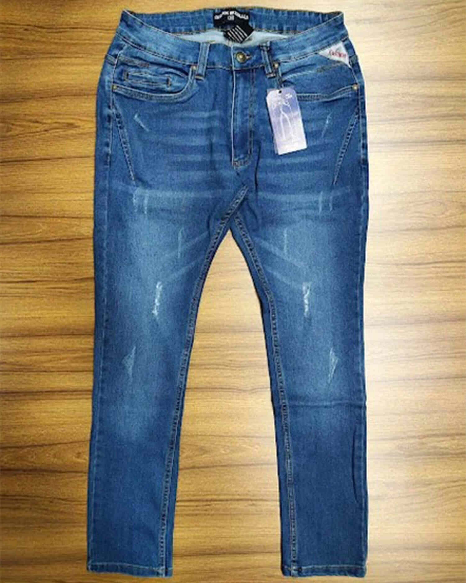 Men's Distressed Blue Denim Jeans - Slim Fit Casual Wash