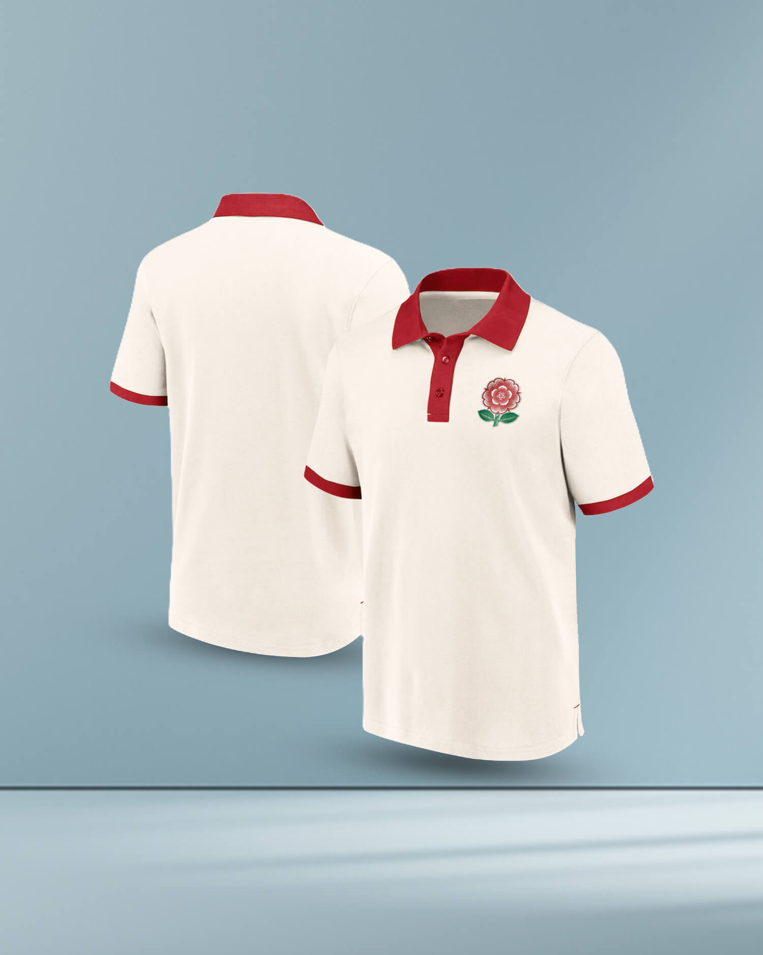 Men's Classic Cream Polo Shirt - Red Collar & Rose Emblem