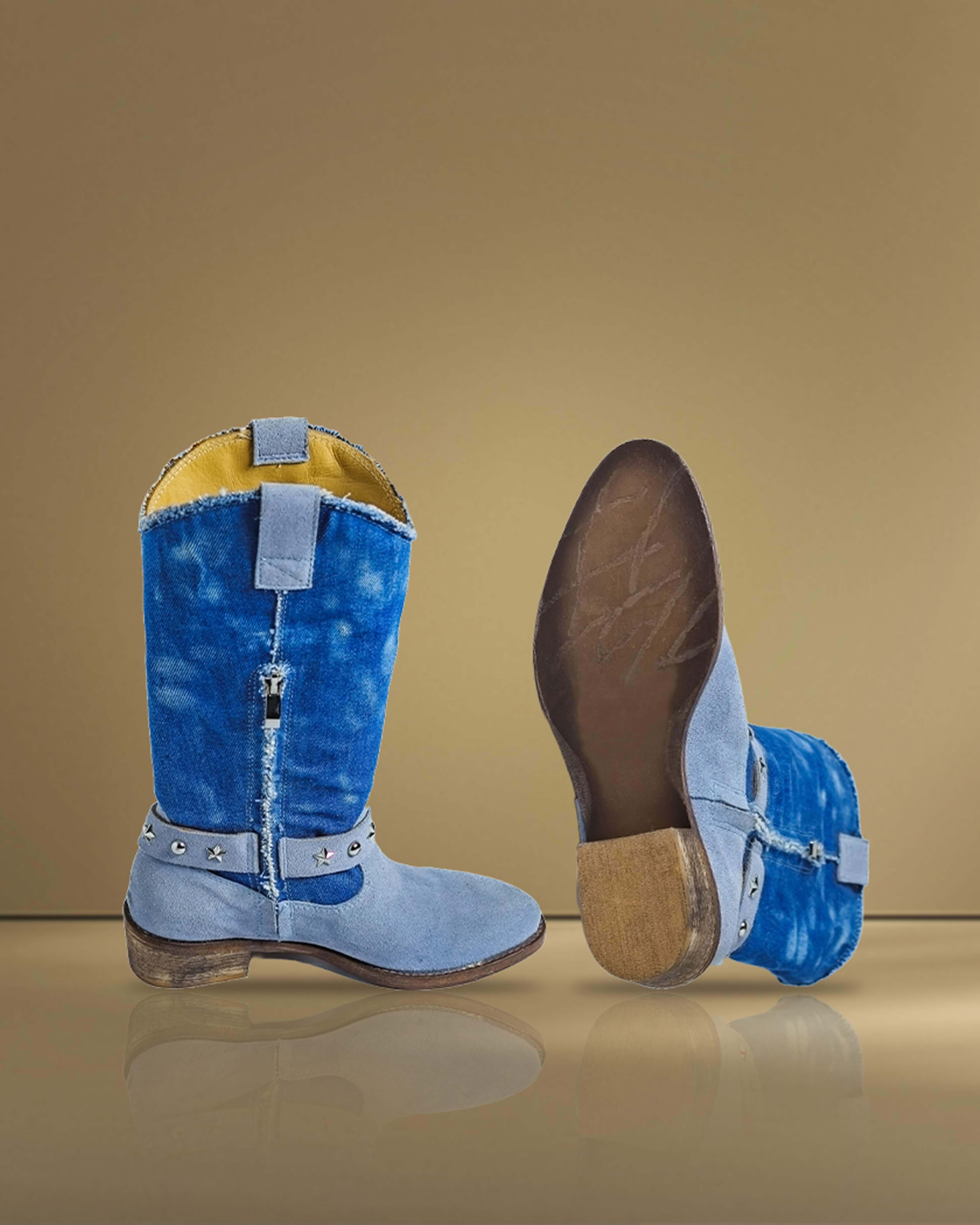 Women's denim blue cowboy boots with elegant style and comfort