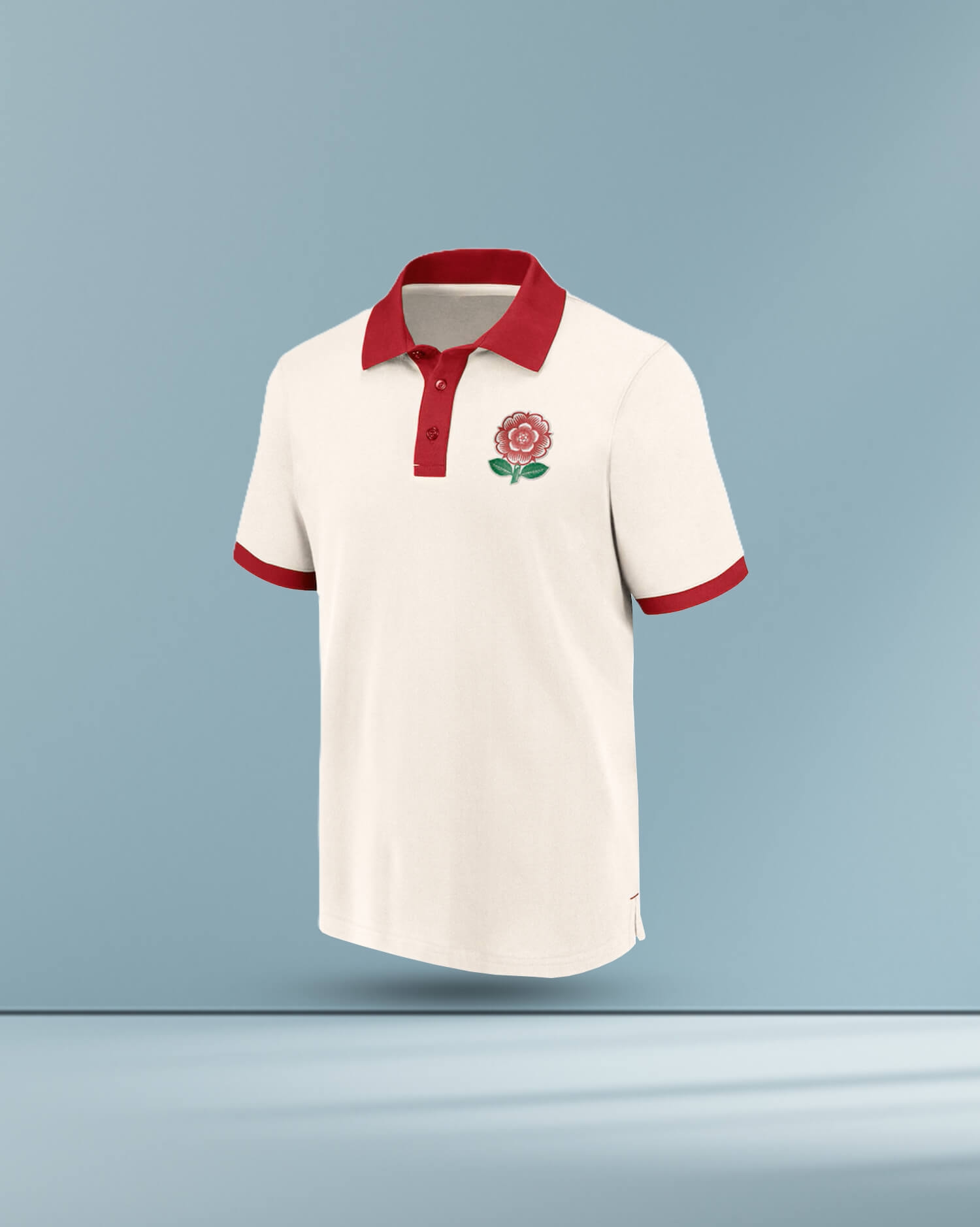 Men's Classic Cream Polo Shirt - Red Collar & Rose Emblem