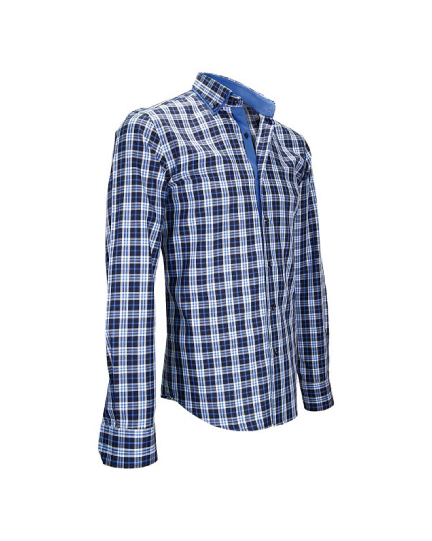 Men's Long Sleeve Blue Plaid Shirt - with Contrast Trim