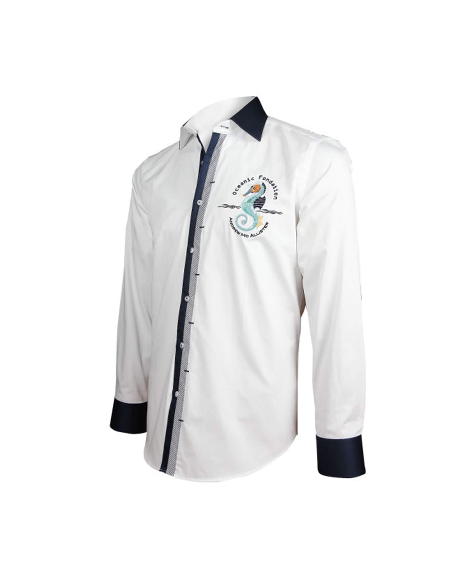 Men's White Dress Shirt with Seahorse Embroidery & Navy Contrast