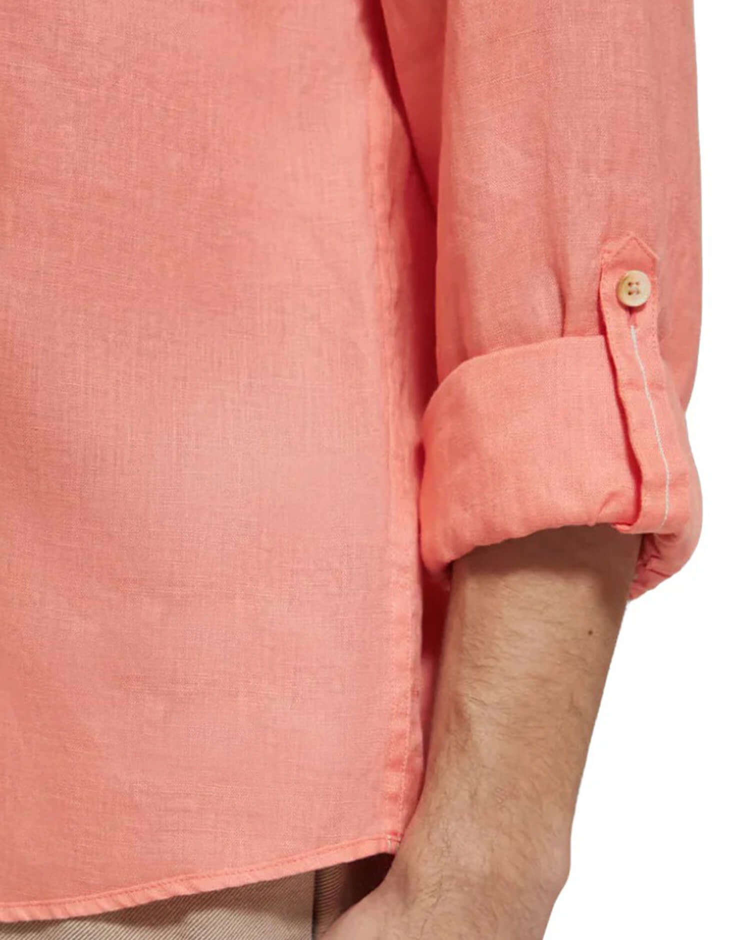 Men's Coral Pink Casual Button-Down Shirtt - Long Sleeve with Roll-Up Tabs