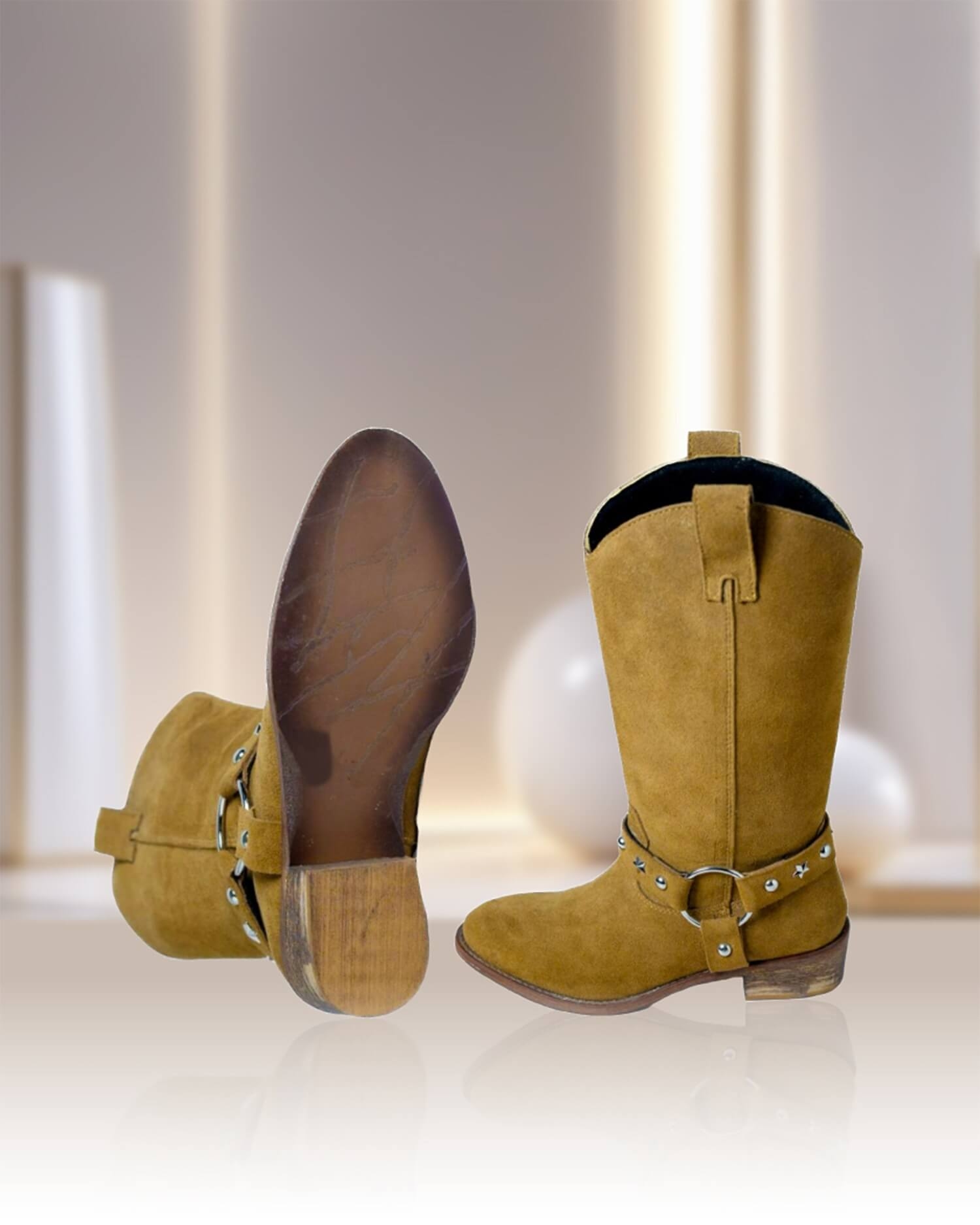 Women's Tan Suede cowboy boots with Studs-premium quality and comfort