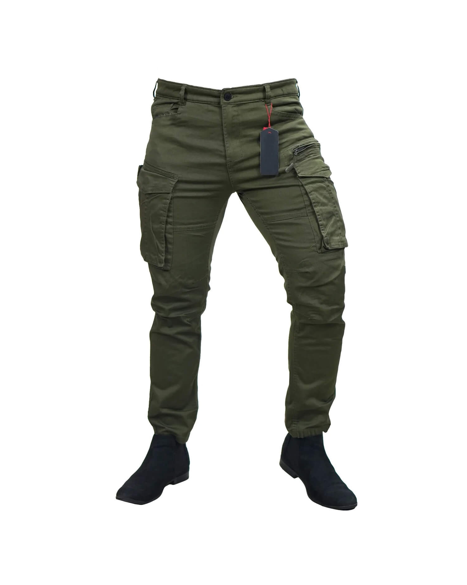 Men's Olive Green Slim Fit Cargo Pants - Multi-Pocket Utility Trousers