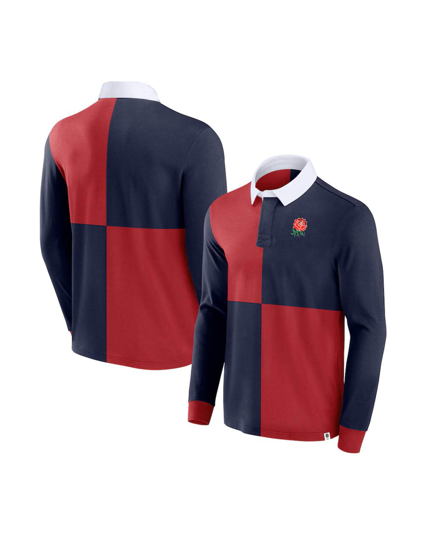 Men’s Navy & Red Quartered Rugby Polo Shirt – Long Sleeve Cotton Jersey