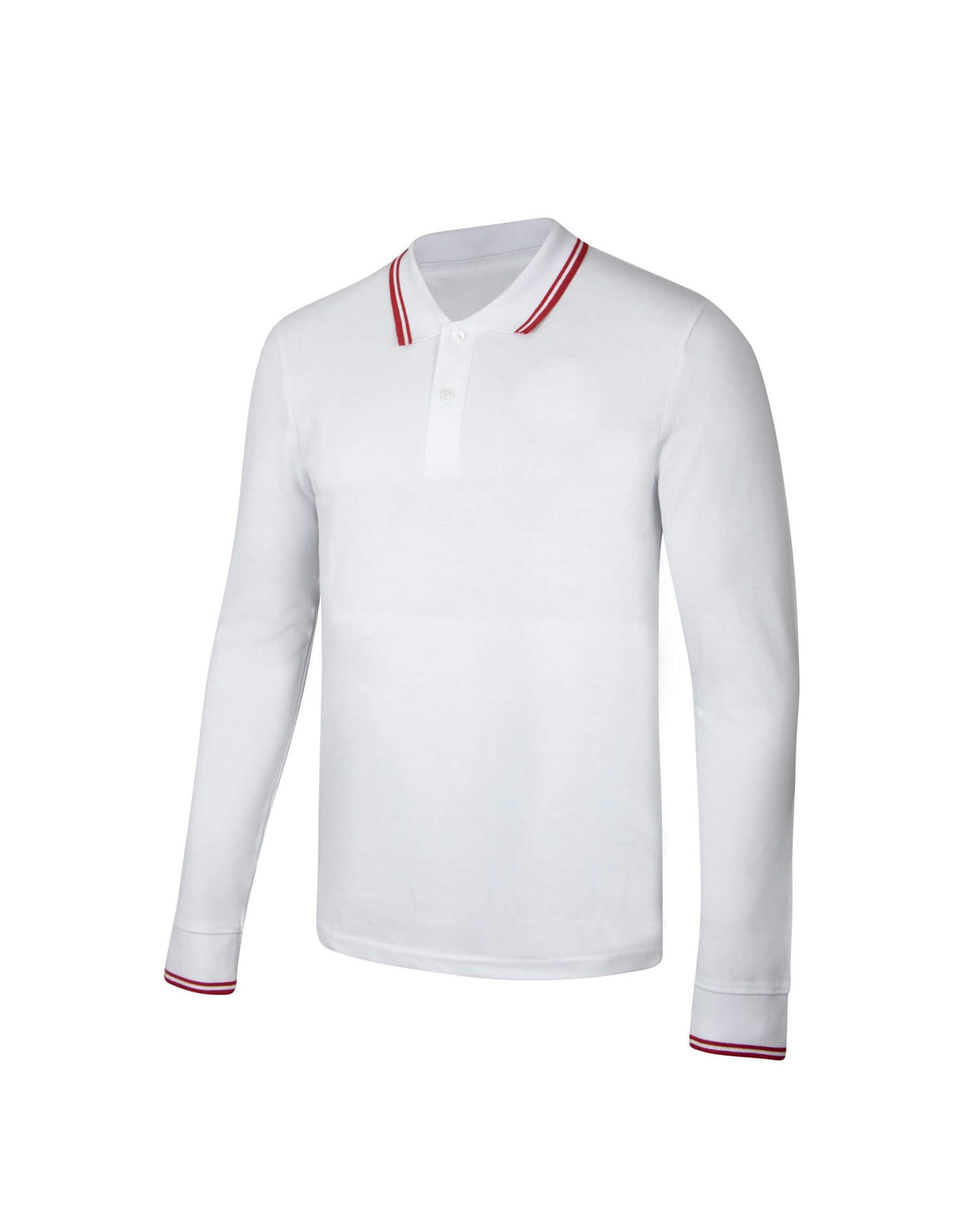 Men's White Long Sleeve Polo Shirt - Red & White Striped Trim