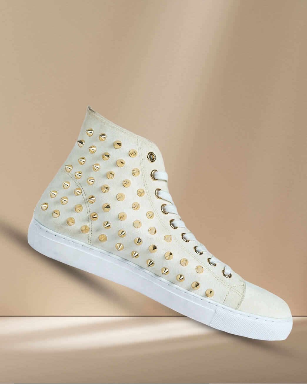 Women's White Studded High-Top Sneakers - Edgy Glam Fashion Statement