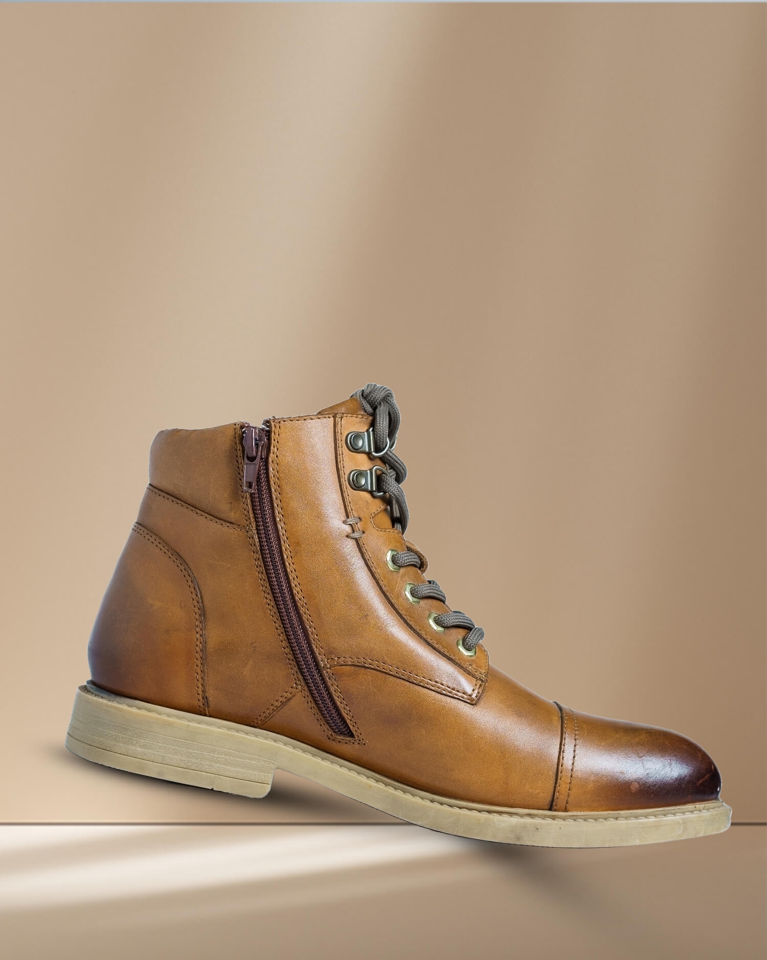 Men's Tan Leather Cap-Toe Combat Boot - Rugged Style