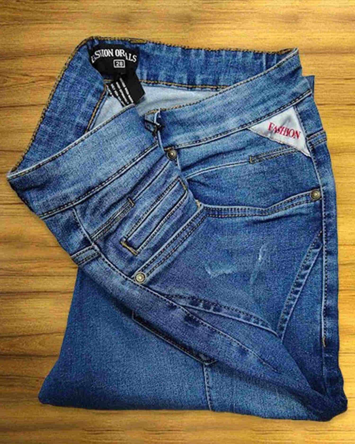 Men's Distressed Blue Denim Jeans - Slim Fit Casual Wash