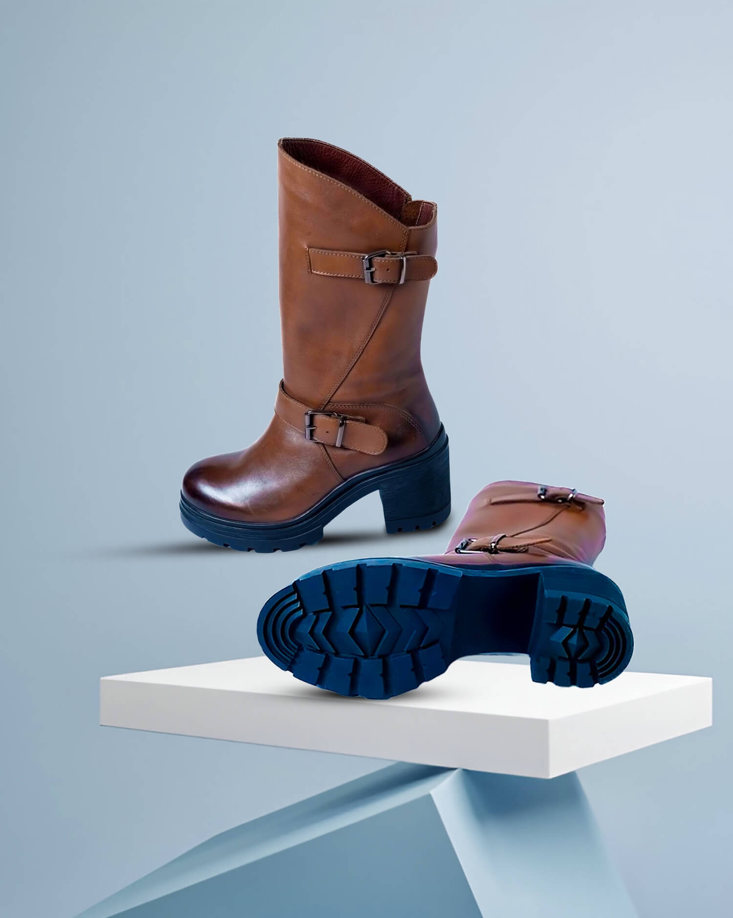 Women's Brown Leather Mid-Calf Biker Boots with Buckles- premium quality with timeless style
